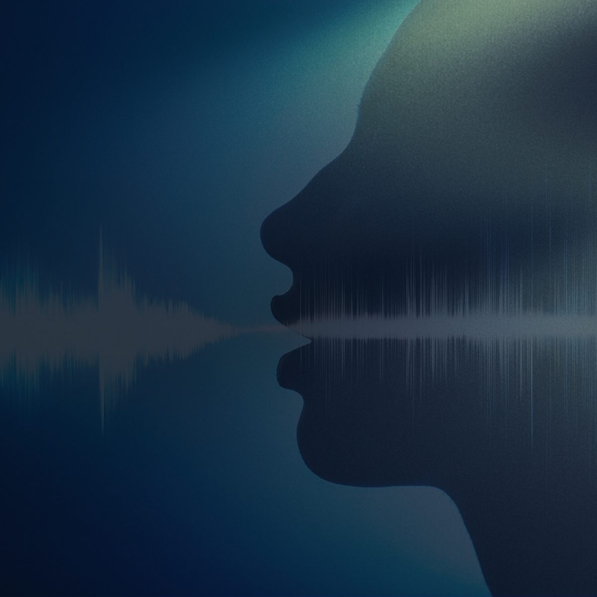 A face in profile against a voice waveform, representing phone based impersonation